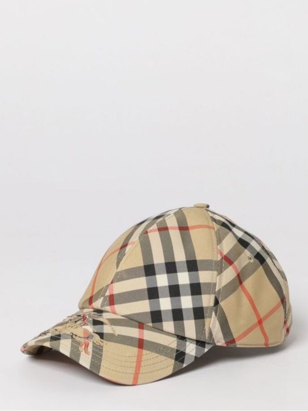 Authentic Burberry Tan Check Baseball Cap with Black & Red Accents
